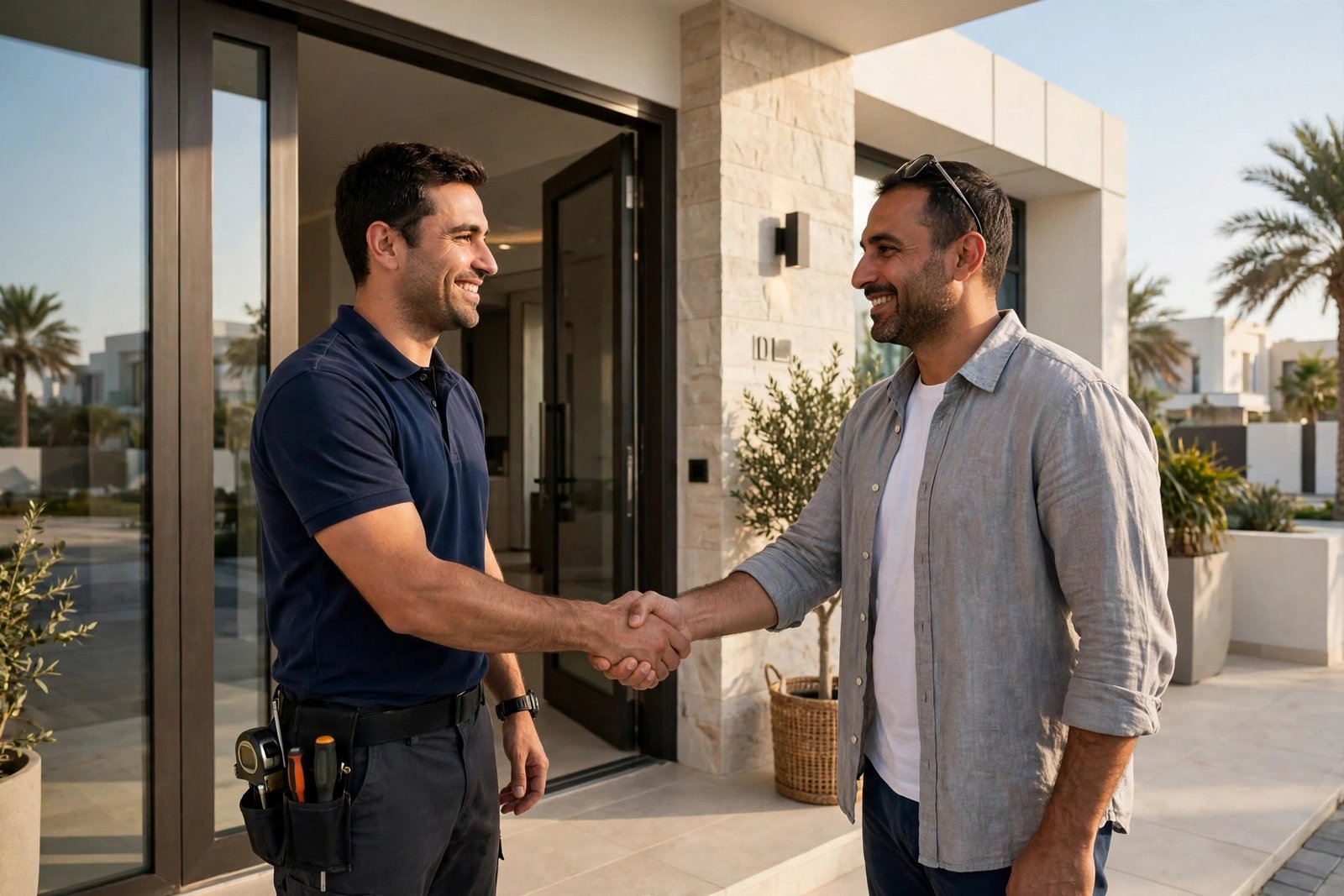 PowerEagles technician with a homeowner at a Dubai villa entrance