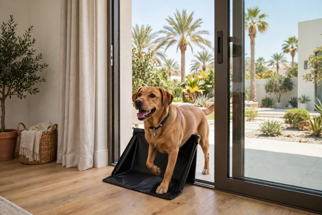 Dog coming through a dog flap in a glass sliding door, Dubai villa