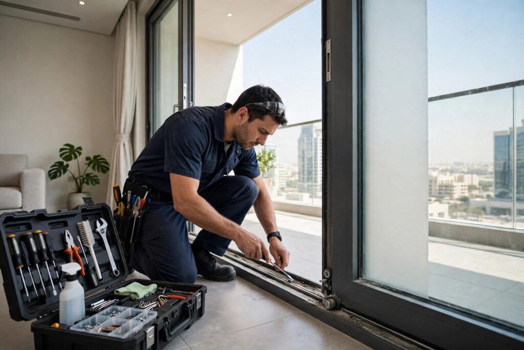 Technician repairing a sliding balcony door track and rollers in Dubai