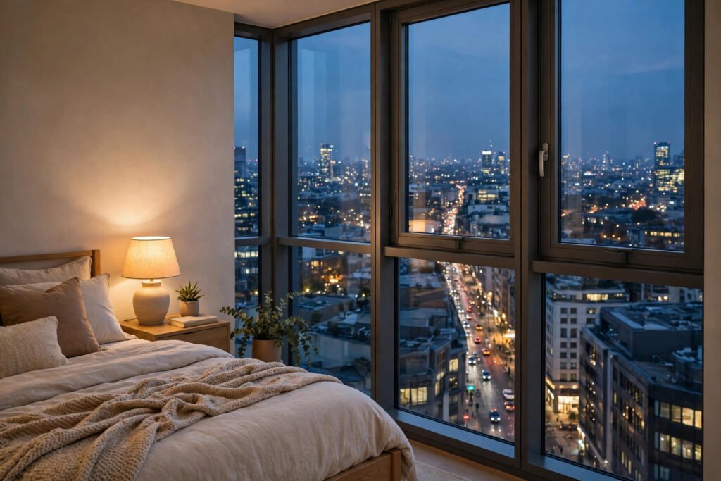 Soundproofed bedroom windows above a busy Dubai street at night